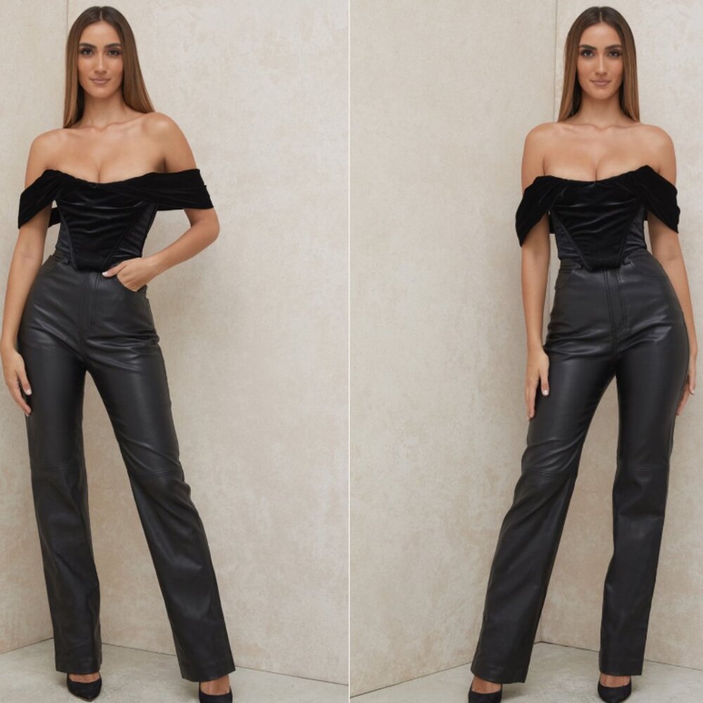 House of CB Athena black velvet draped shoulder corset top NWT